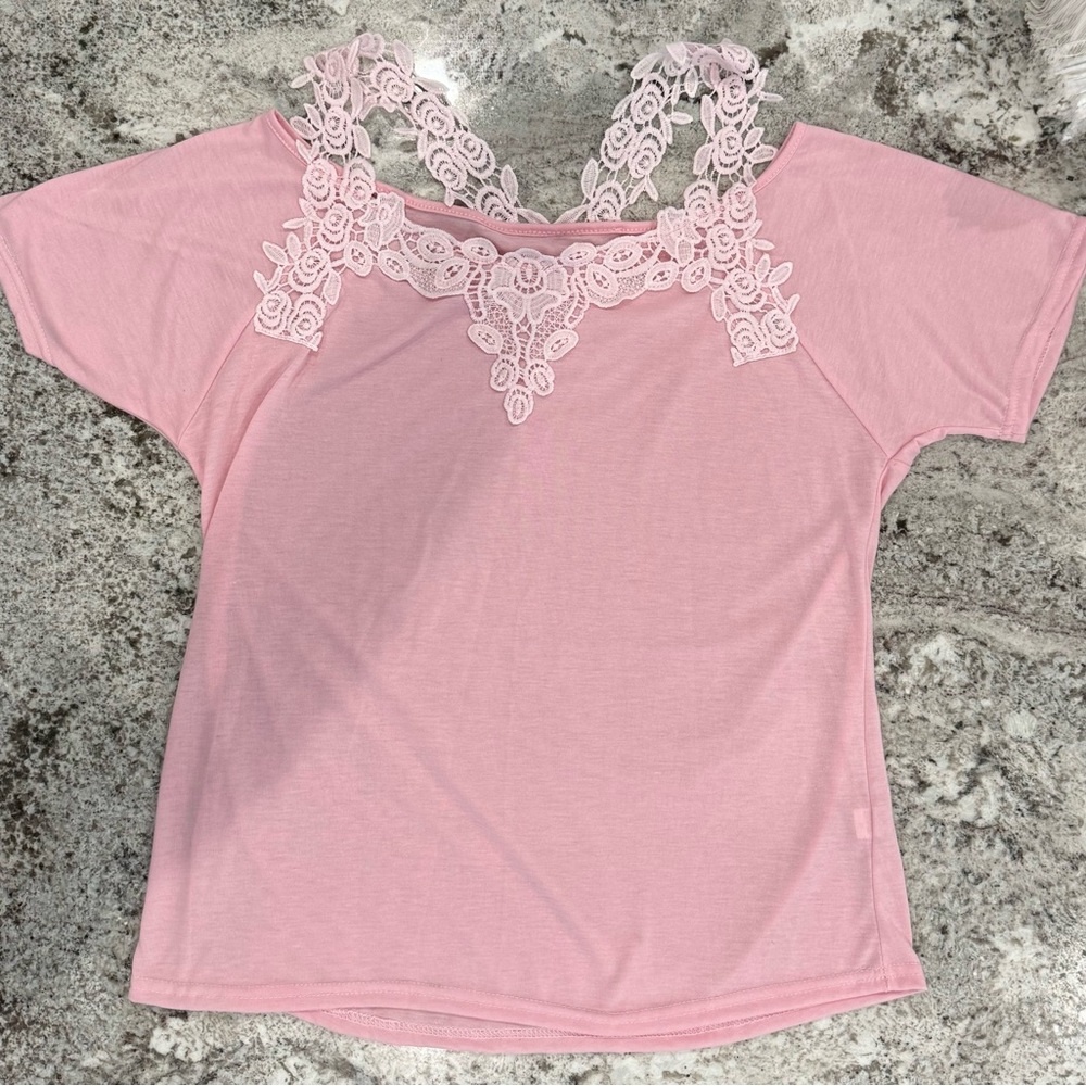 Pink V-Neck Lace Trim Women's Top